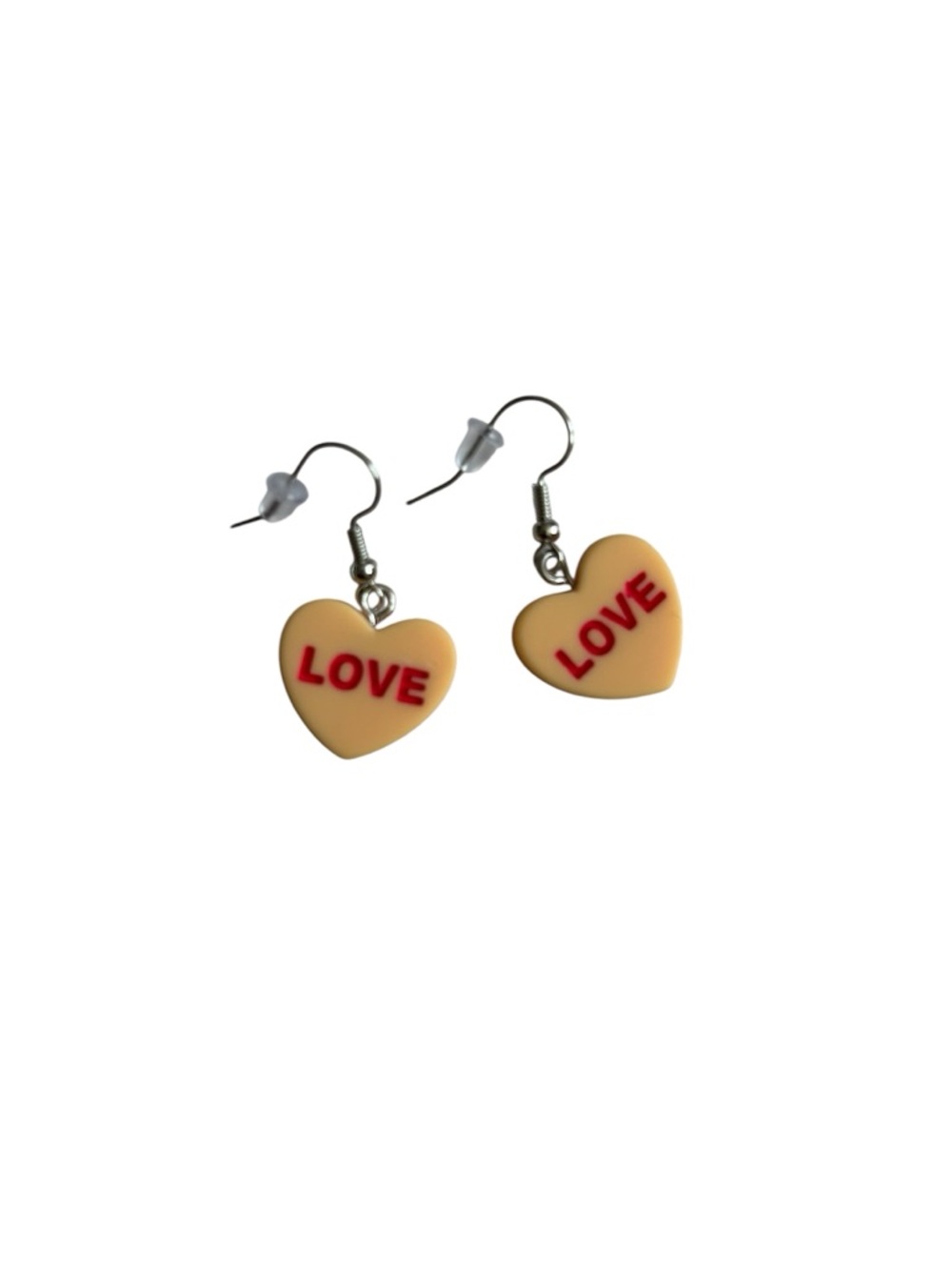 Conversation Hearts Love Dangle Drop Earrings in Orange with Pink Lettering - Picture 2 of 4